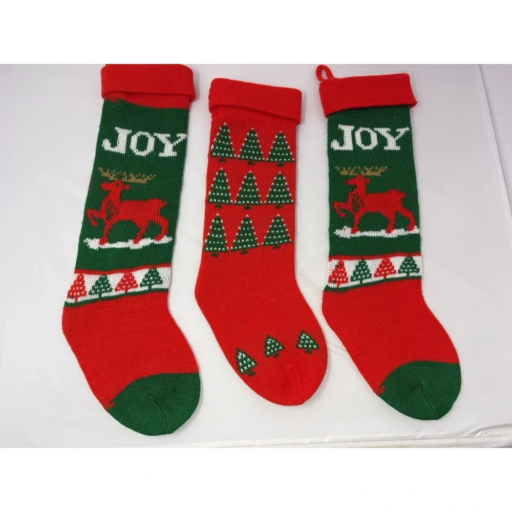 3 Vintage Red Green Joy Reindeer Trees Knit Christmas Stocking Granny Core 80's